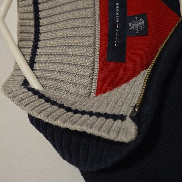 Vintage, Tommy Hilfiger, Navy, Grey, Quality Knit Sweater, Zip Neckline, Sz Lg - Picture 6 of 12